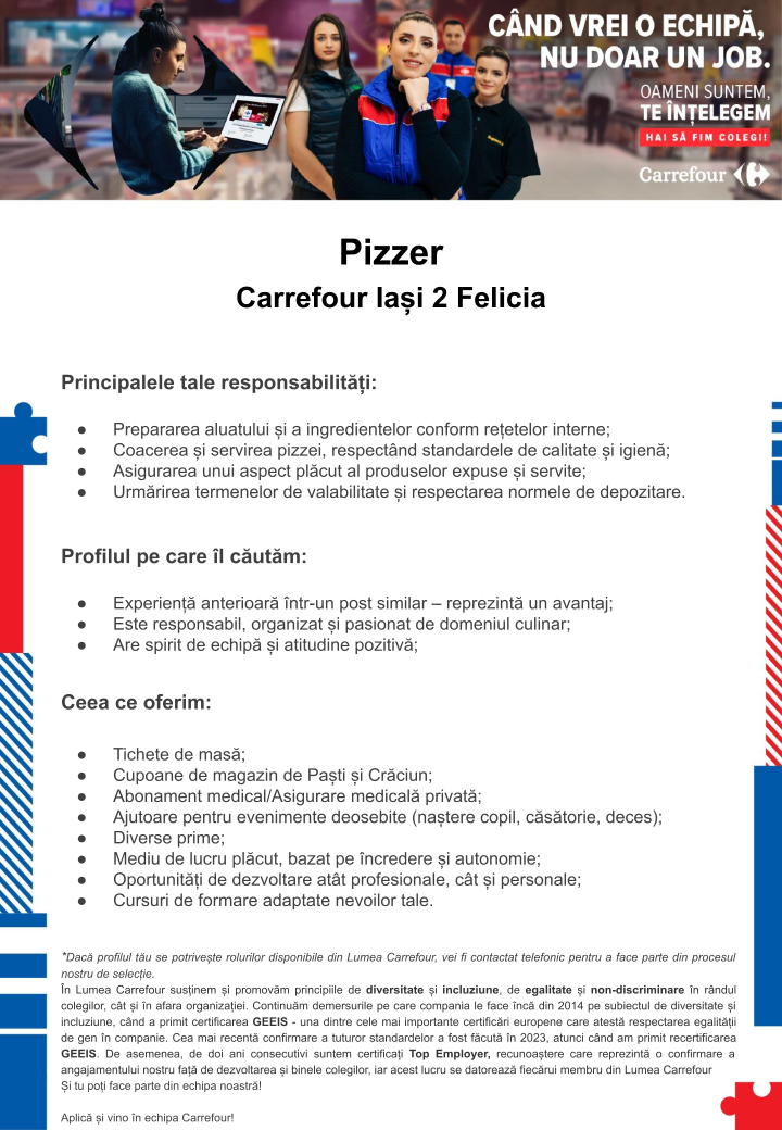 Căutăm pizzer pentru Carrefour Hipermarket Iași 2 Felicia