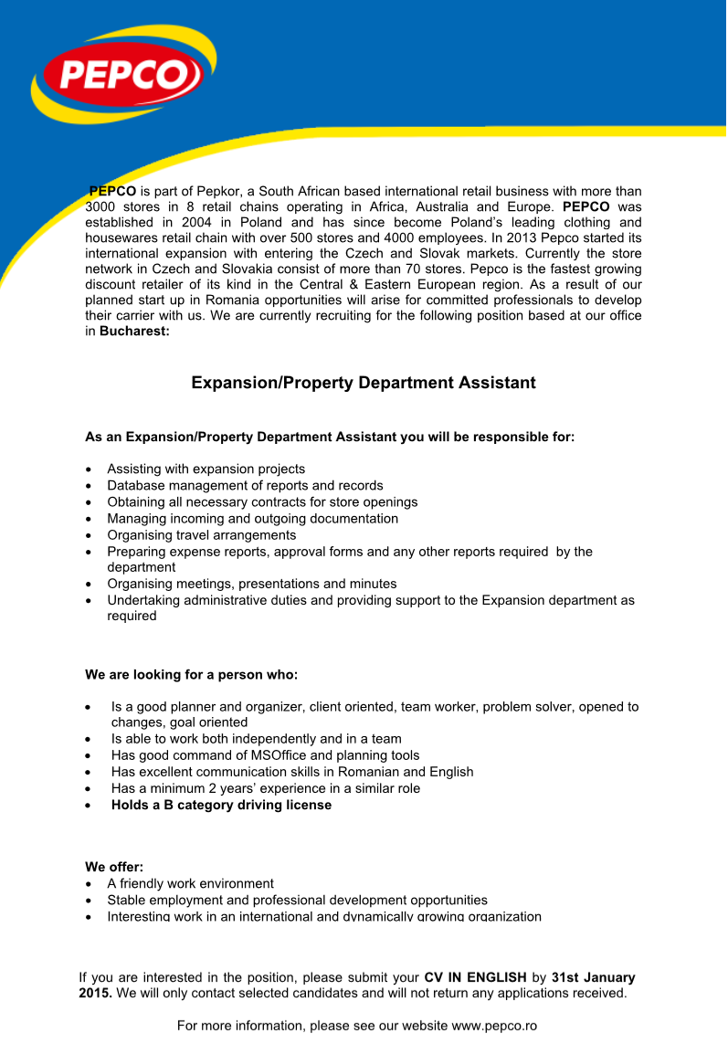 Expansion/Property Department Assistant