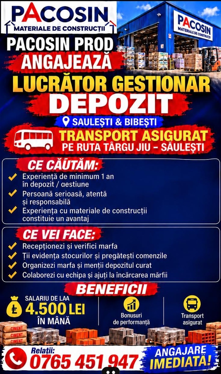Lucrător Gestionar – Depozit | Săulești, Gorj