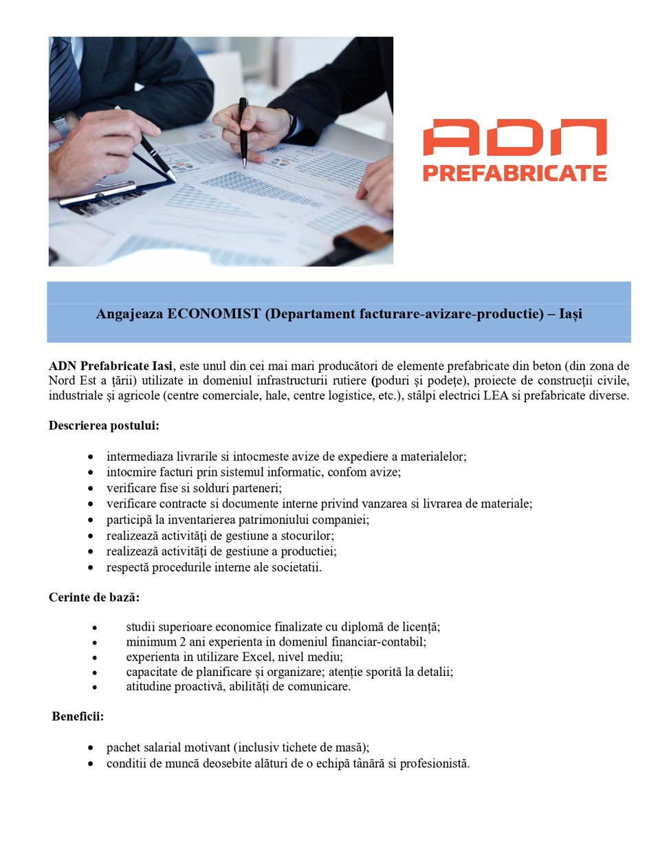 ECONOMIST (Departament facturare-avizare-productie)  – Iași