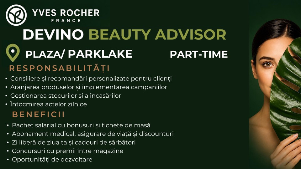 Lucrator Comercial /Beauty Advisor Plaza/ParkLake Nov-Dec PT