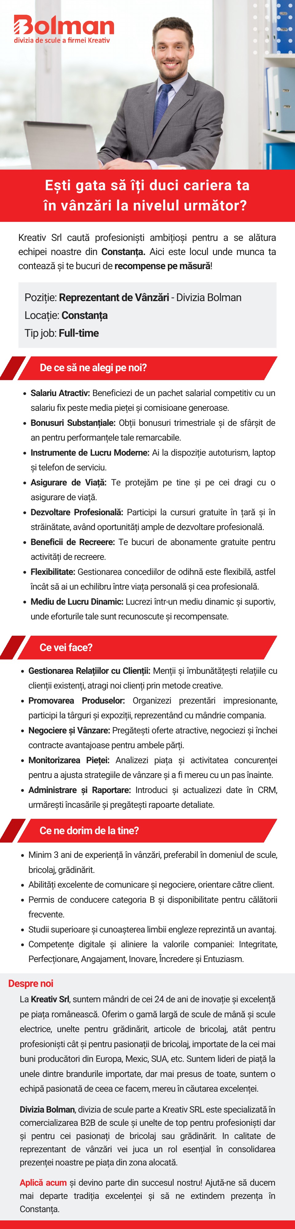 Reprezentant vânzări pentru zona - Bolman