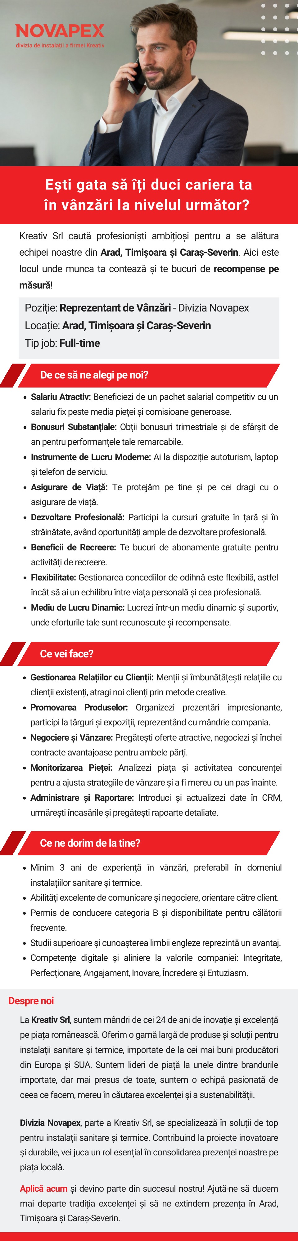 Reprezentant vânzări pentru zona Arad, Timișoara și Caraș-Severin - NOVAPEX