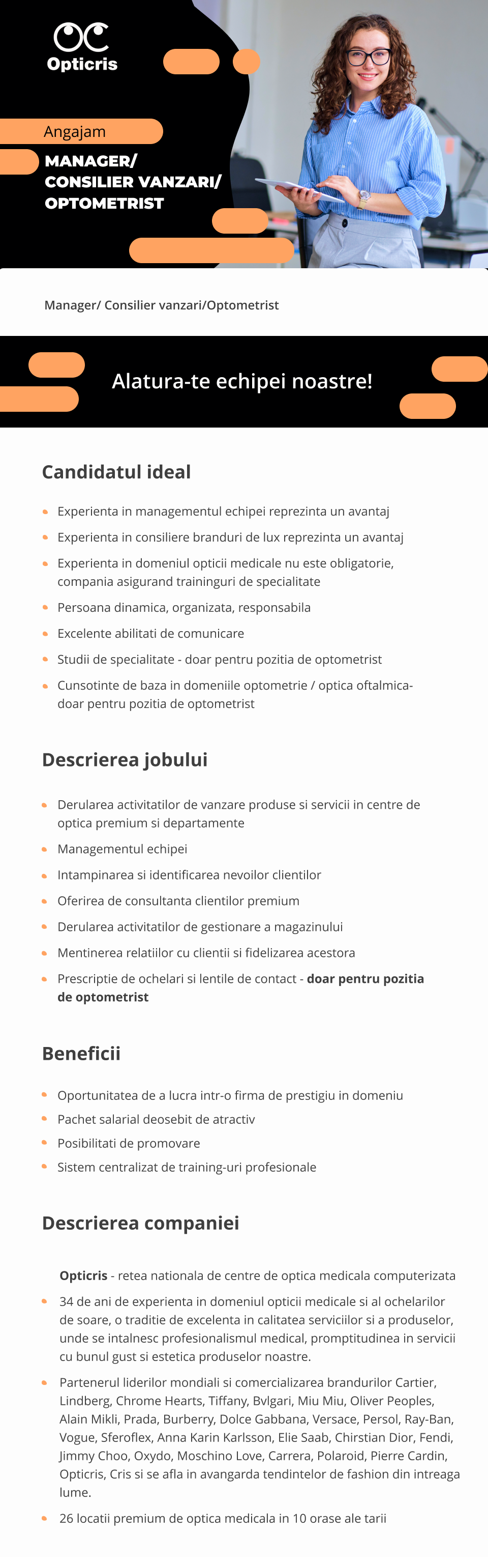 MANAGER/CONSILIER VANZARI/OPTOMETRIST
