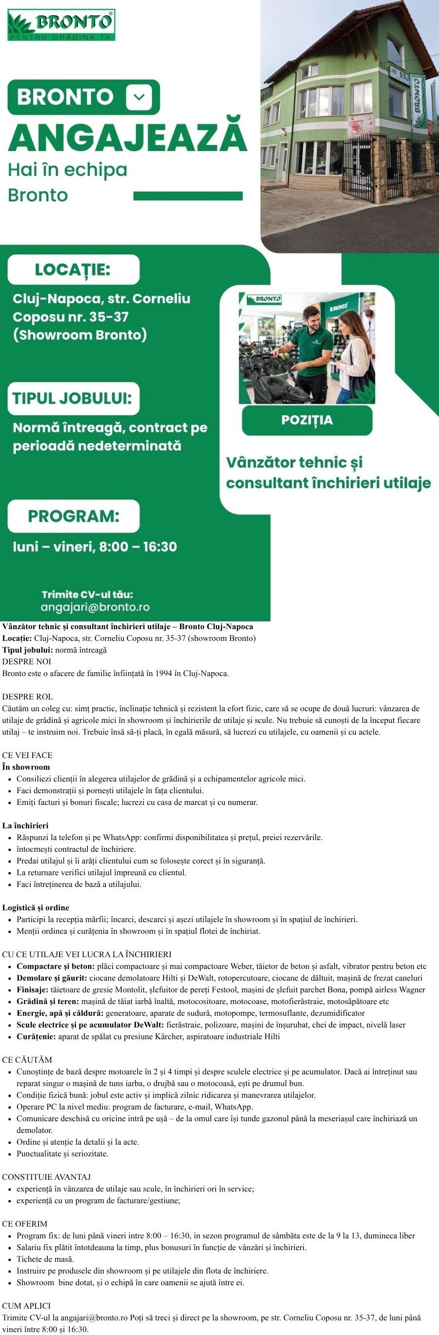 Vânzător tehnic și consultant închirieri utilaje – Bronto Cluj-Napoca