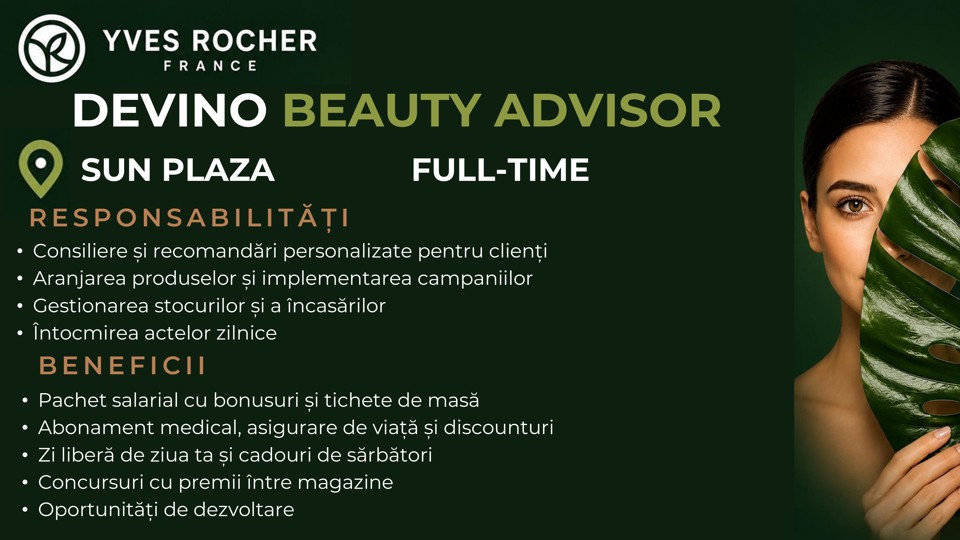 Lucrator Comercial / Beauty Advisor SUN PLAZA FULL TIME
